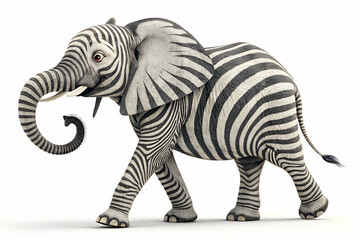 Obraz premium A whimsical elephant with black and white stripes walks playfully, blending elements of realism and fantasy in a unique artistic style.