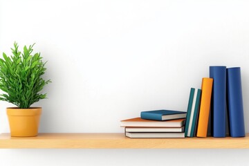A Scandinavian-inspired bookshelf with light wood shelves, neatly holding a few books and simple decor items against a plain white wall