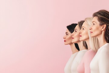 Side profile of diverse women in a row against pink backdrop