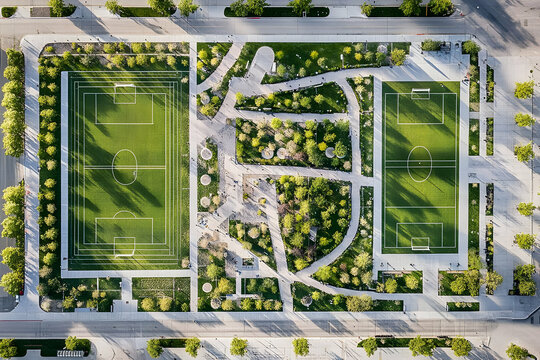 Aerial view of two soccer fields surrounded by landscaped greenery and pathways.