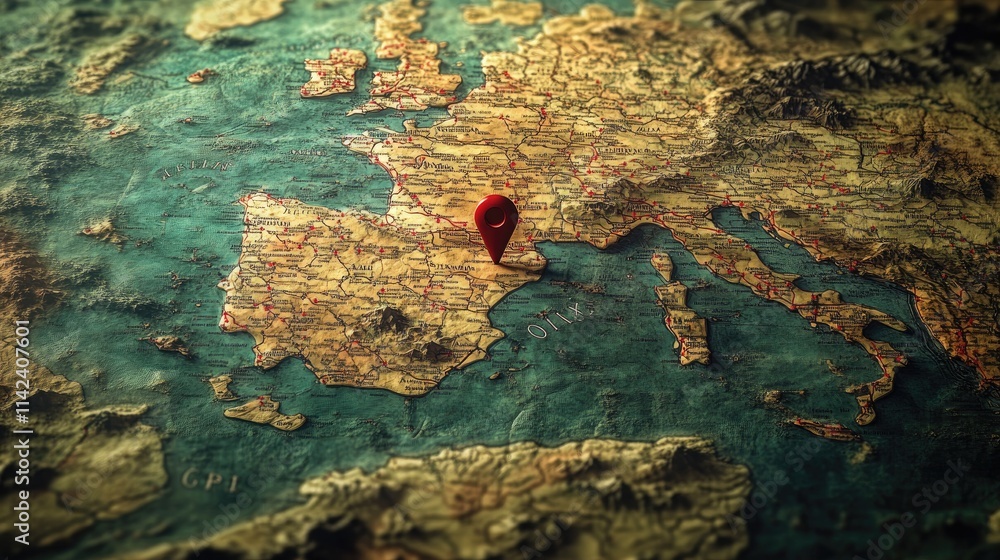 Poster A map with a red pin marking a key location, displaying an entire country with visible cities and roads, perfect for travel and geographic content.