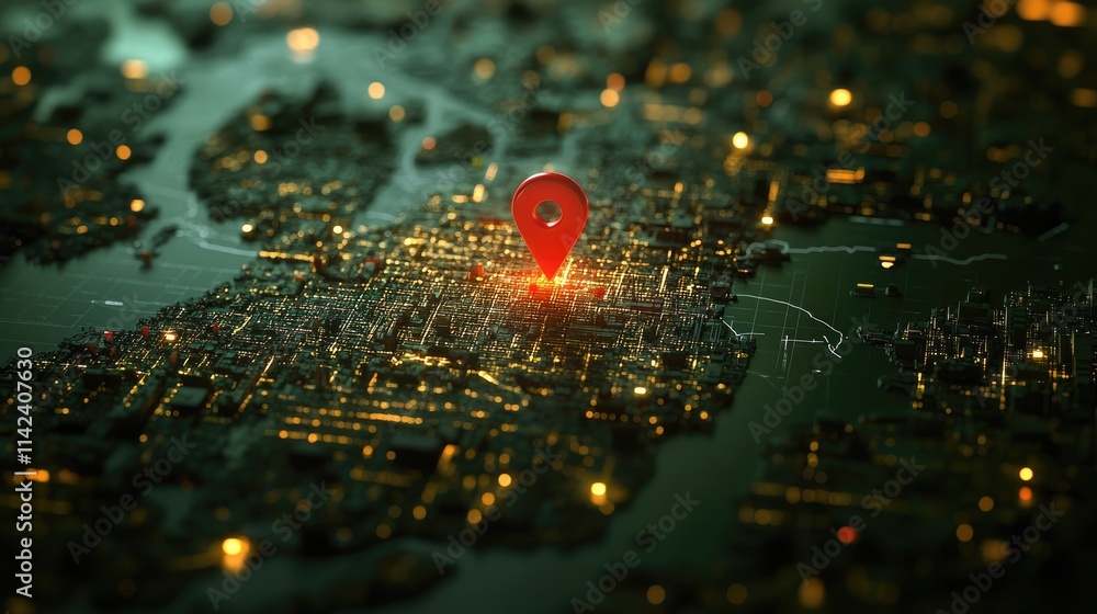 Poster a map with a red pin marking a key location, displaying an entire country with visible cities and ro