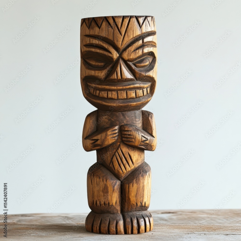 Wall mural A wooden tiki statue on a table