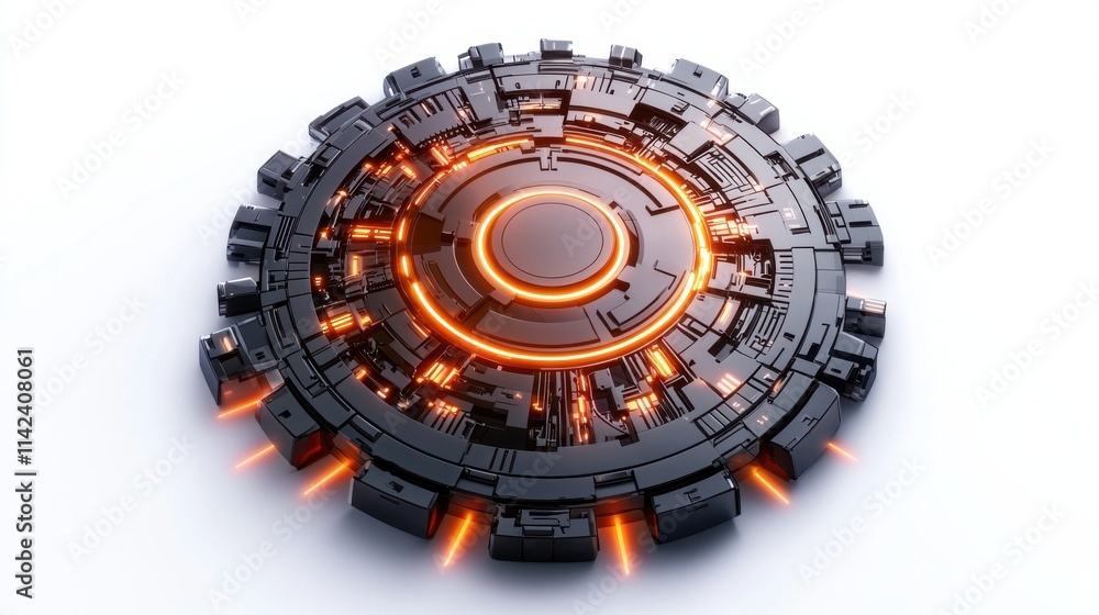 Poster futuristic circular mechanism with glowing central core and metallic cogs