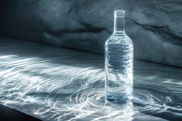 Glass Bottle of Water on Reflective Surface