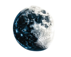 Detailed view of the moon's surface, white isolate background.