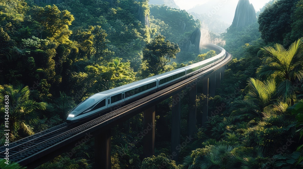 Poster a high-speed rail system passing through a dense forest, blending seamlessly with nature and the env