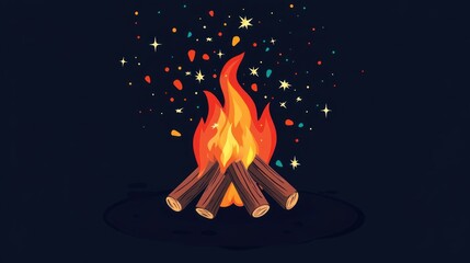 Flat vector illustration of a compact campfire setup with burning wood and colorful sparks flying upward.