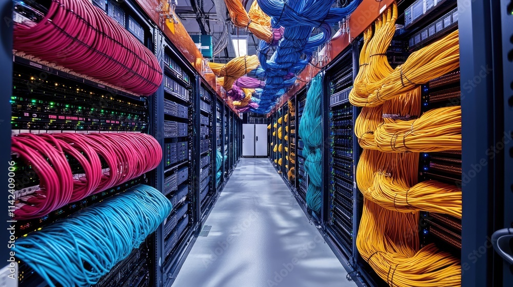 Poster a modern server room filled with large storage arrays and fiber optic cables, highlighting high-spee