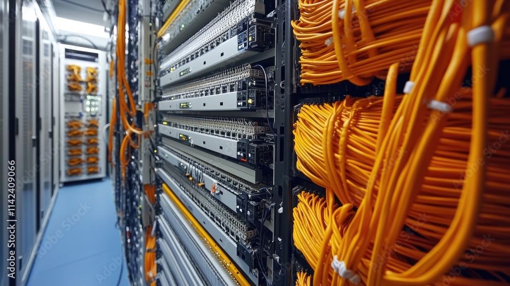 Poster a modern server room filled with large storage arrays and fiber optic cables, highlighting high-spee
