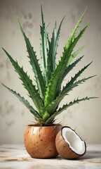 Realistic watercolor aloe vera plant with coconut, alternative medicine, soothing, hydrating, juice