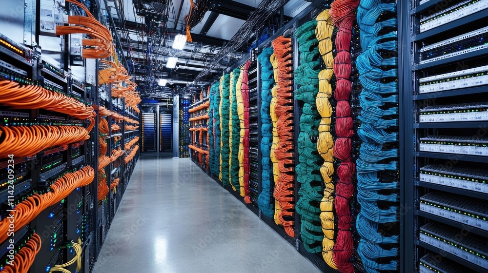 Poster a modern server room with intricate fiber optic cables and storage systems for rapid data transfer, 