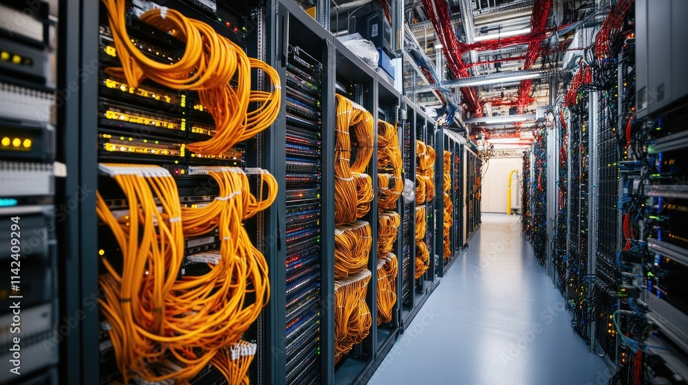 Poster a modern server room with intricate fiber optic cables and storage systems for rapid data transfer, 