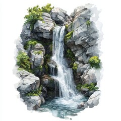 Serene Mountain Gorge Waterfall in Watercolour Style on White Background, Photorealistic Artwork of Mossy Cliffs and Ivy-Covered Rocks with Delicate Greens and Greys Blending into Soft Blues