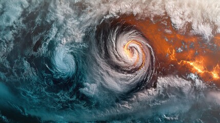 Fototapeta premium Massive cyclone forming over warm tropical waters, with intense cloud bands spiraling outward and visible lightning strikes.
