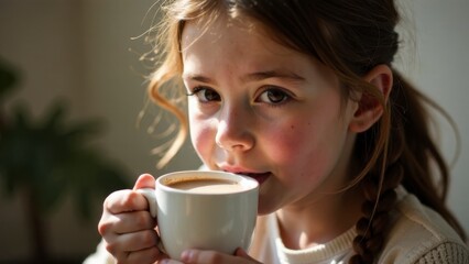 Portrait of beautiful smiling American girl, Beauty face of  European young girl, drinking cup of hot chocolate or coffee in cafe