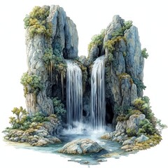 Serene Twin Waterfalls in Watercolour Style on White Background | Photorealistic Landscape of Cascading Waters and Mossy Cliffs