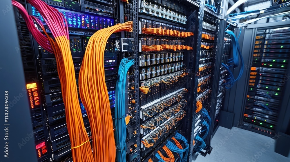 Aufkleber a modern server room with intricate fiber optic cables and storage systems for rapid data transfer, 