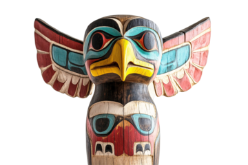 a wooden totem pole with a colorful bird