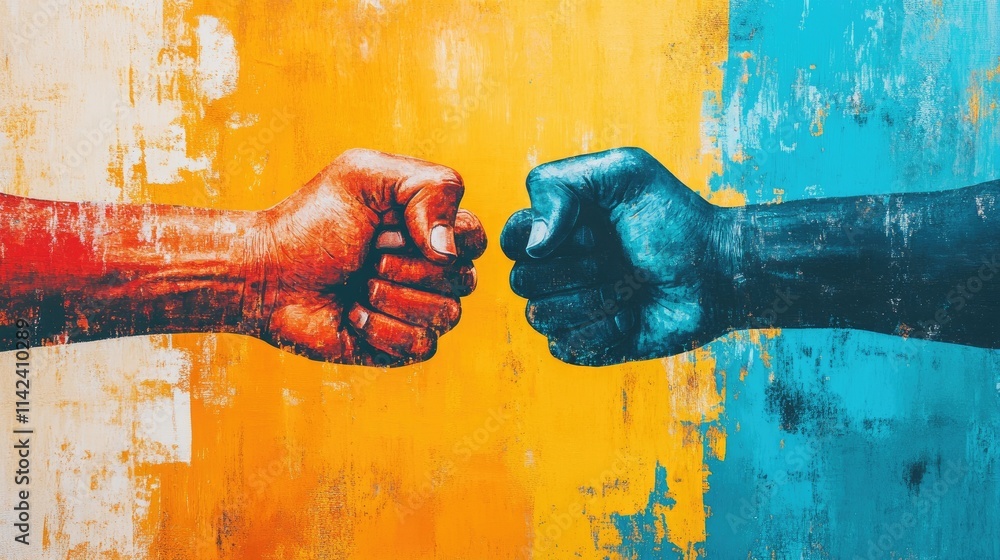 Poster a powerful image of two fists from different races bumping together, symbolizing unity and the fight