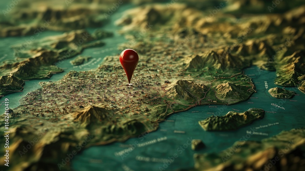 Poster A red pin on a map pointing to a specific country, with detailed roads and cities visible, representing location planning and navigation.