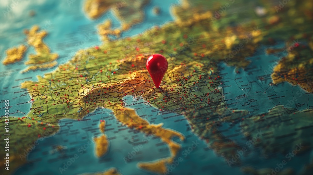 Poster A red pin on a map pointing to a specific country, with detailed roads and cities visible, representing location planning and navigation.