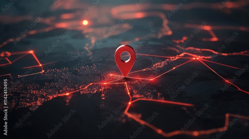Poster A red pin on a map pointing to a specific country, with detailed roads and cities visible, representing location planning and navigation.