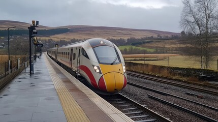 Fototapeta premium A high-speed train at a rural station platform, with open fields and distant hills providing a serene backdrop