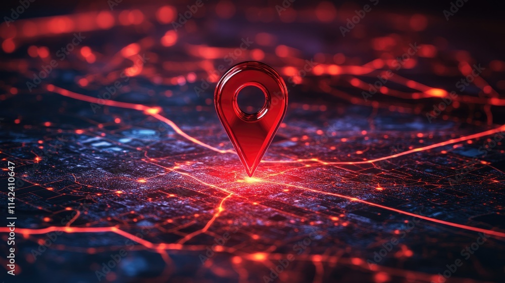 Poster A red pin placed on a map, highlighting an entire country with visible roads and cities, showcasing the power of precise location tracking.