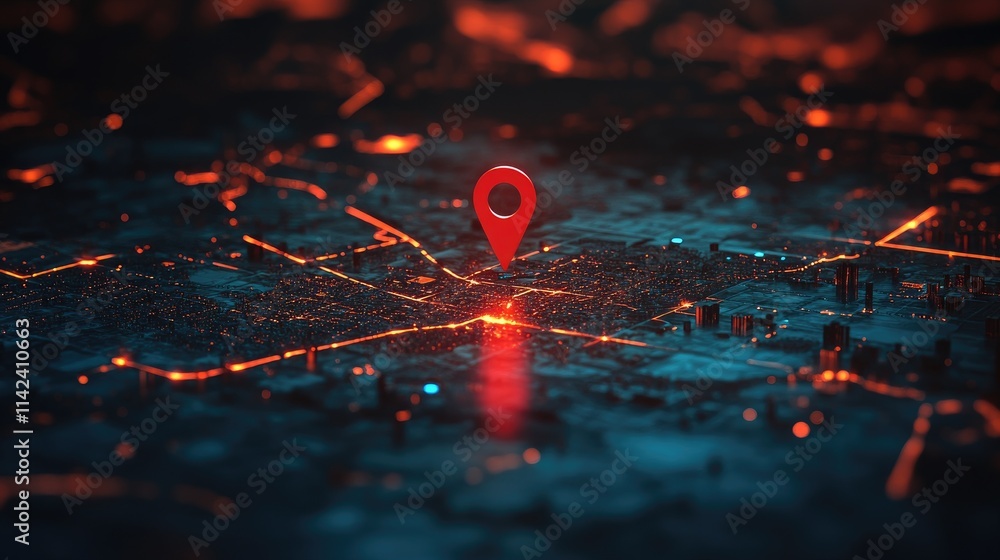 Poster A red pin placed on a map, highlighting an entire country with visible roads and cities, showcasing the power of precise location tracking.