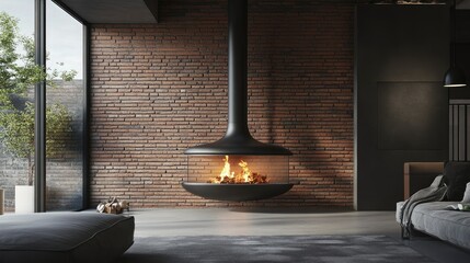 Modern Living Room with Suspended Fireplace and Brick Wall