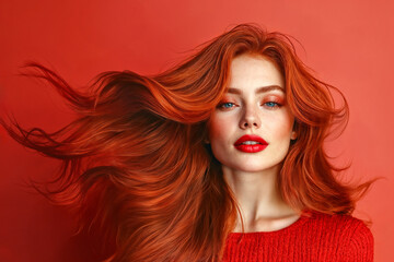 Fototapeta premium Beautiful red-haired woman with long and shiny wavy hair.