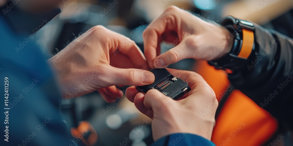 Poster two hands are seen engaging in a delicate task, likely involving the assembly or adjustment of a sma