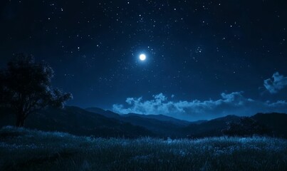 Naklejka premium Night scene: moonlit hills, lone tree, grassy field, stars.