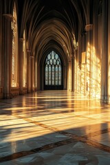 Obraz premium Sunlit hall, arched ceilings, stained-glass window.