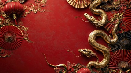Fototapeta premium A rich red backdrop with a golden snake circling around Chinese symbols such as lanterns and fans, symbolizing prosperity for the New Year, with space for text