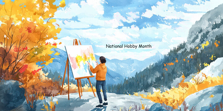 National Hobby Month watercolor illustration with a person painting on a canvas in a scenic mountain landscape.
