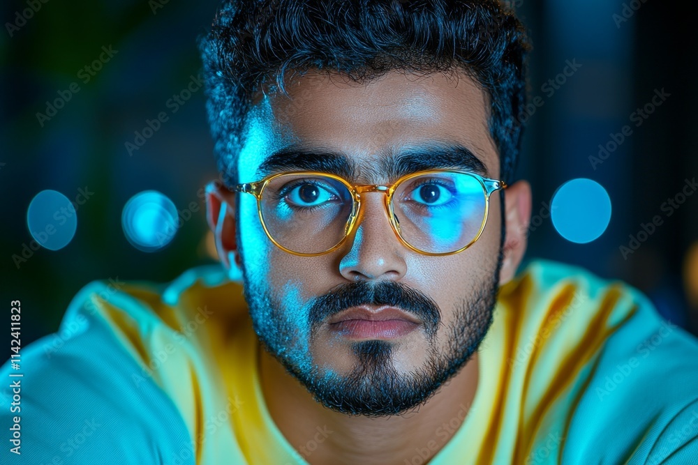 Poster a close-up of a person intently focusing on a task, their face illuminated by the glow of a laptop s