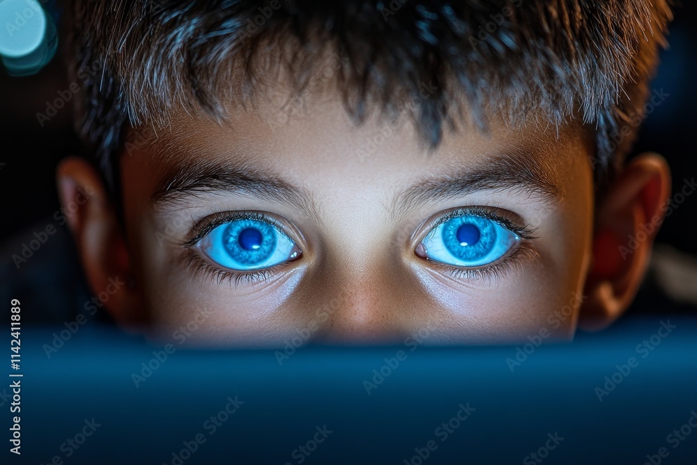 Poster a close-up of a person intently focusing on a task, their face illuminated by the glow of a laptop s