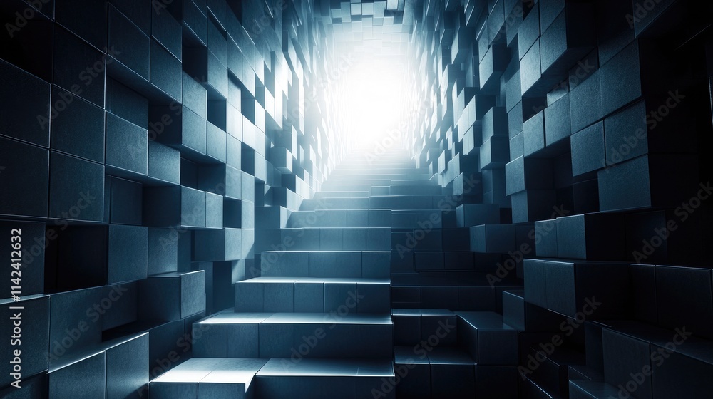 Fototapete a sleek 3d metallic staircase made of cubes, rising toward a radiant light, representing the journey