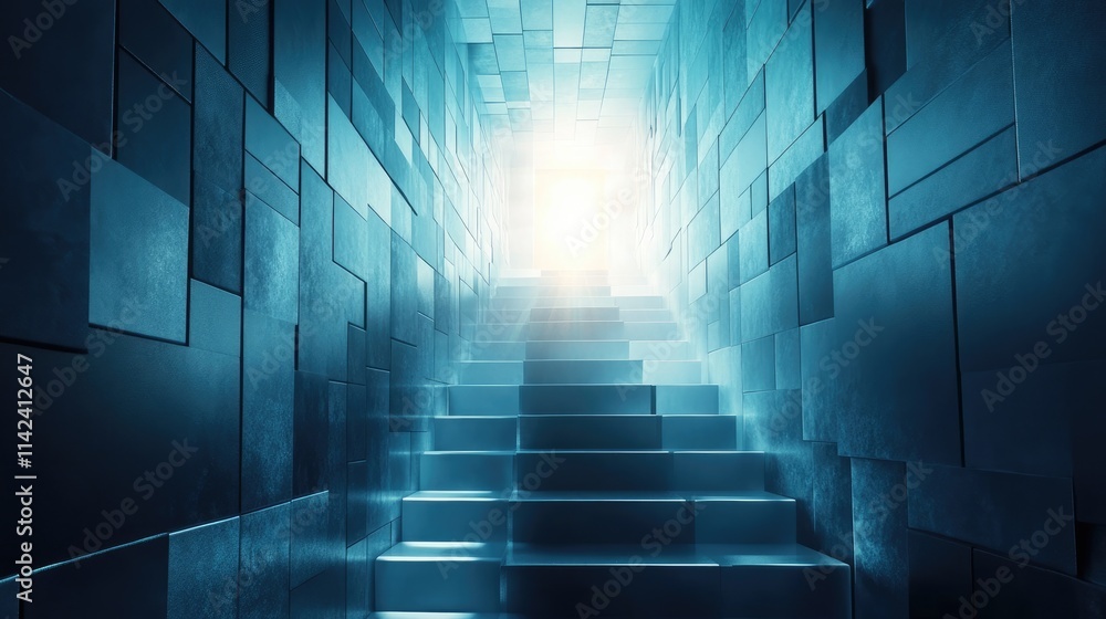 Fototapete a sleek 3d metallic staircase made of cubes, rising toward a radiant light, representing the journey