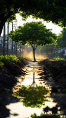 Obraz premium Dust crisis green tree in city life. Lone tree reflecting in water with sunlit surroundings and misty atmosphere.