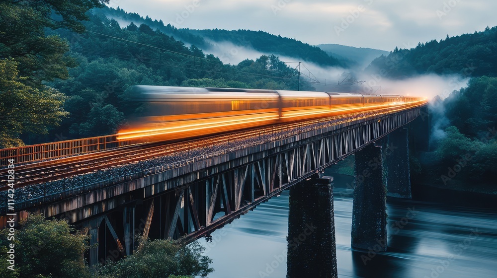 Poster a high-speed train crossing a bridge, with the motion of the train creating a blur against the stati
