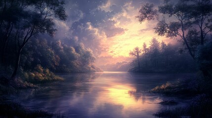 Fototapeta premium Serene twilight lake, trees, starlit sky.