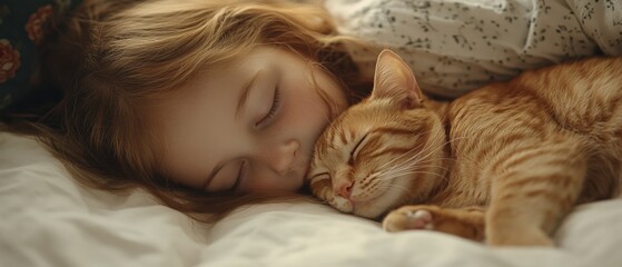 young child and cat sleeping in bed