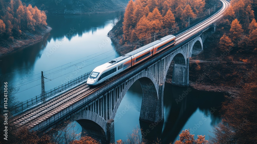 Poster a high-speed train crossing a bridge, with the motion of the train creating a blur against the stati