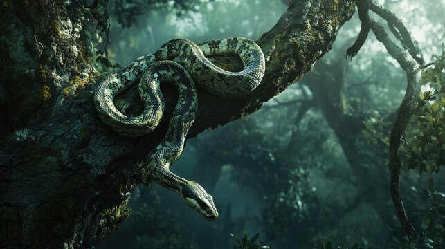 A snake wrapped around a tree branch in the forest, nearly invisible as it blends with the greenery, capturing the essence of nature balance