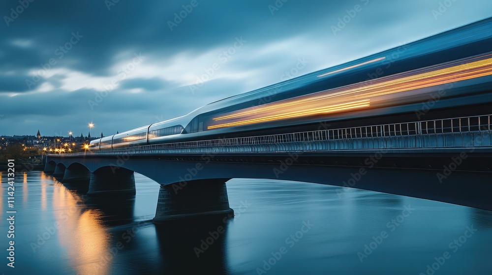 Poster a high-speed train crossing a bridge, with the motion of the train creating a blur against the stati