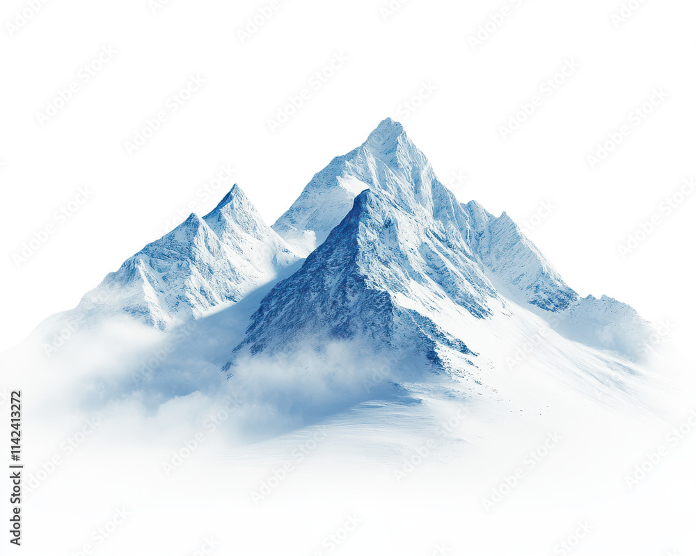 Wall mural snow-covered mountain peak with clouds on a white isolated background.