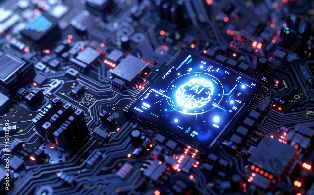 Fototapete ai chip with a glowing brain icon on intricate circuitry, bathed in soft blue light. perfect for pro